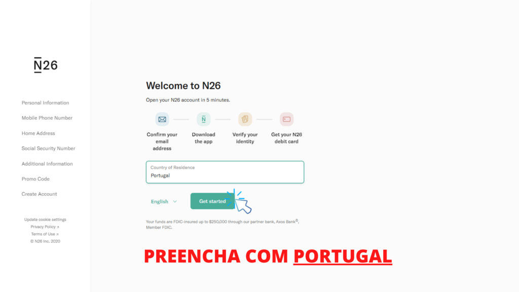 tela mostrando o passo 2 de como abrir conta no banco n26 portugal