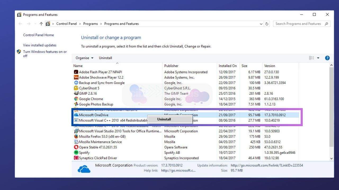 4. Desinstale e reinstale o OneDrive