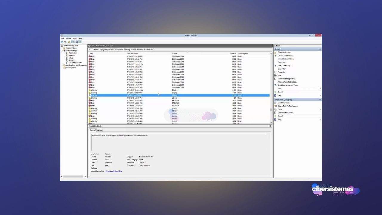 4. Verifique as informações do erro BSOD no visualizador de eventos