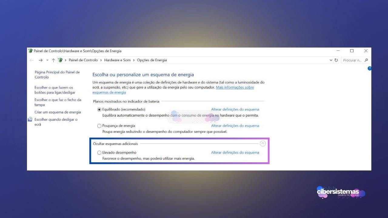 3. Alterne para o plano de energia de alto desempenho