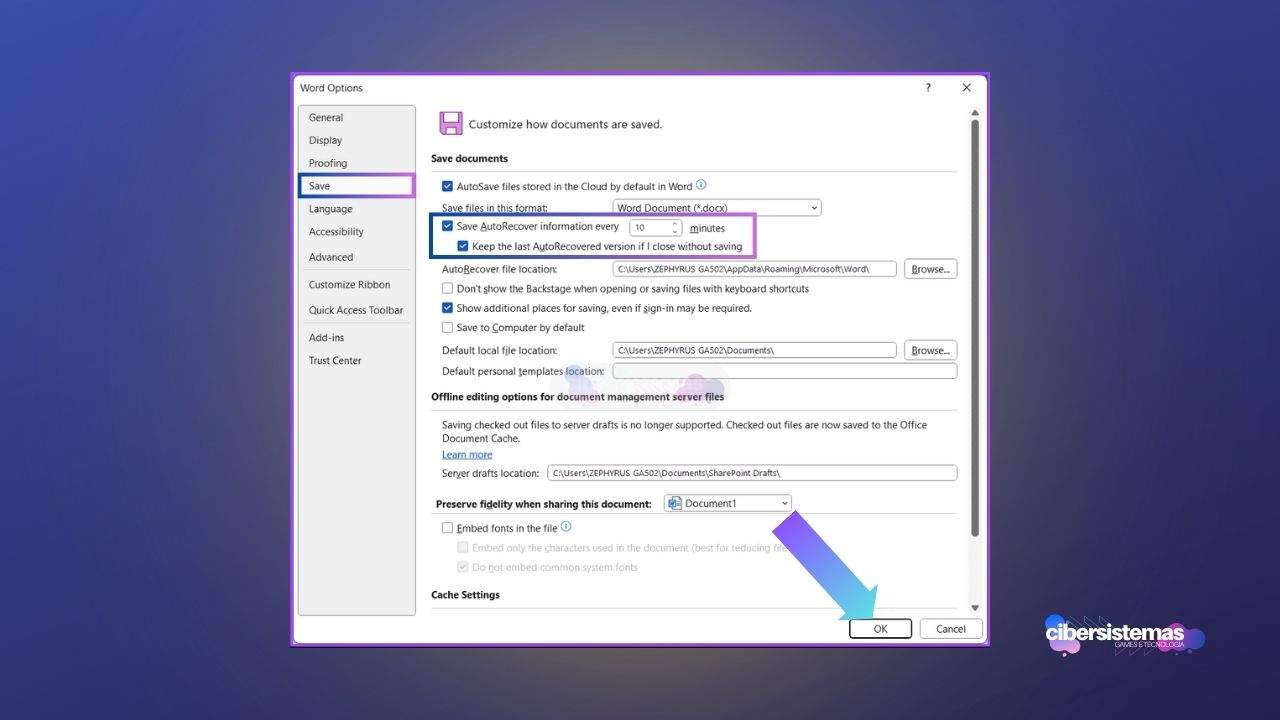 4. Habilite a funcionalidade de AutoRecuperação no Word