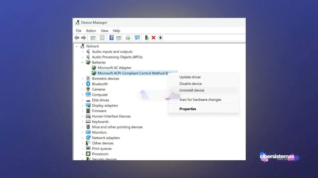 3. Desativar e reativar o driver de bateria Microsoft ACPI-Compliant Control Method