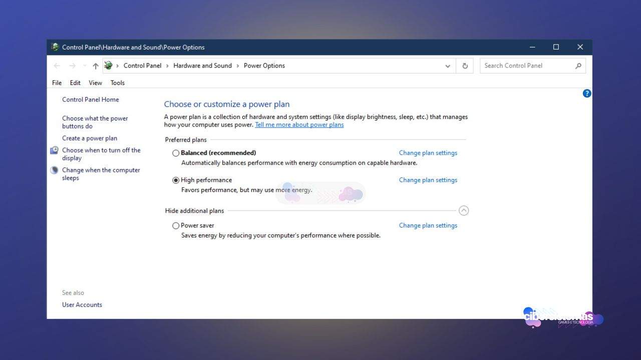 5. Altere o plano de energia para alto desempenho