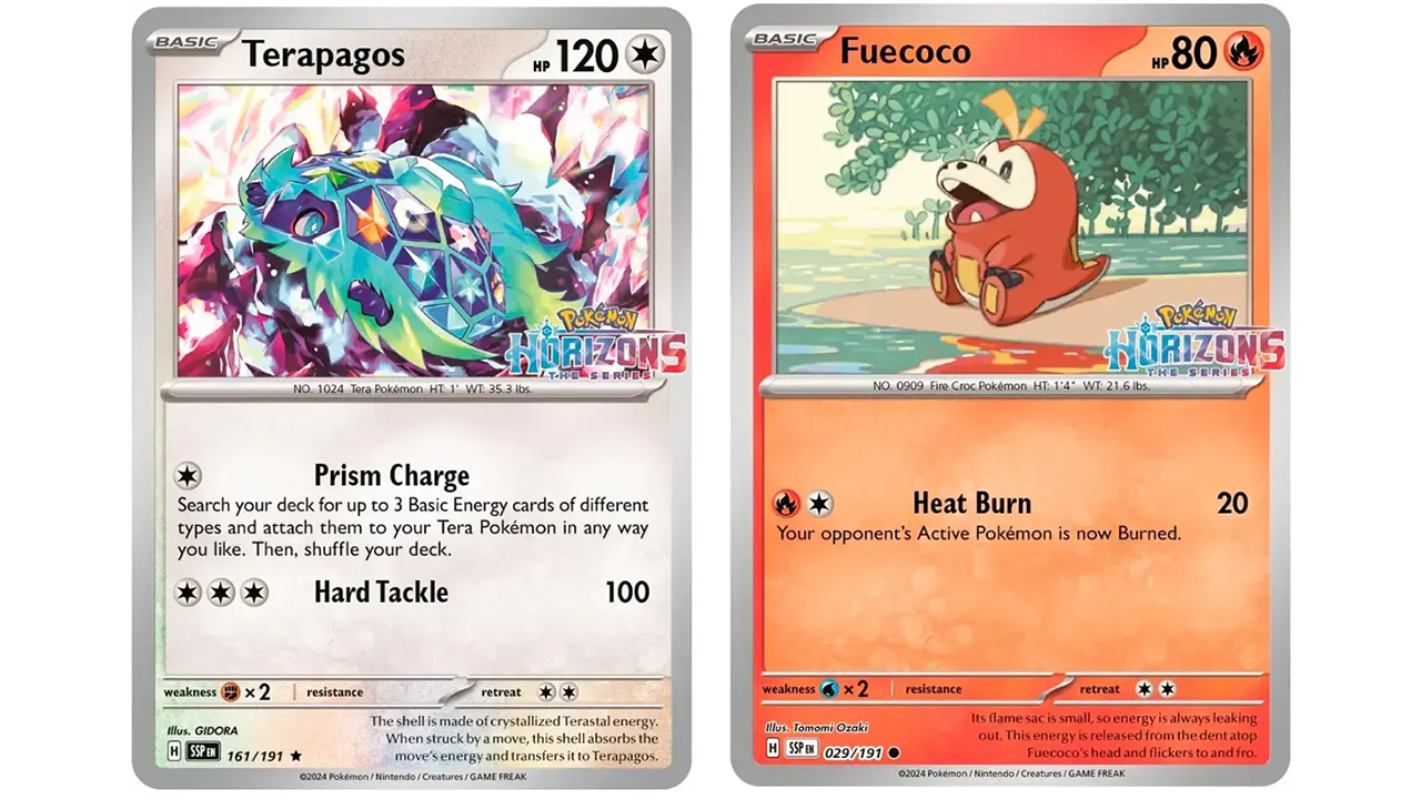 Terapagos e Fuecoco - cartas promocionais de Pokémon Horizons: The Series