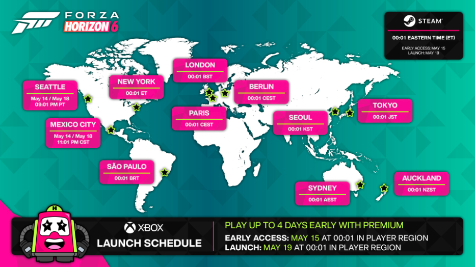 Tempos de desbloqueio e pré-carregamento do Forza Horizon 6: explicação do tempo de lançamento e lançamento global, além de tamanhos de arquivo